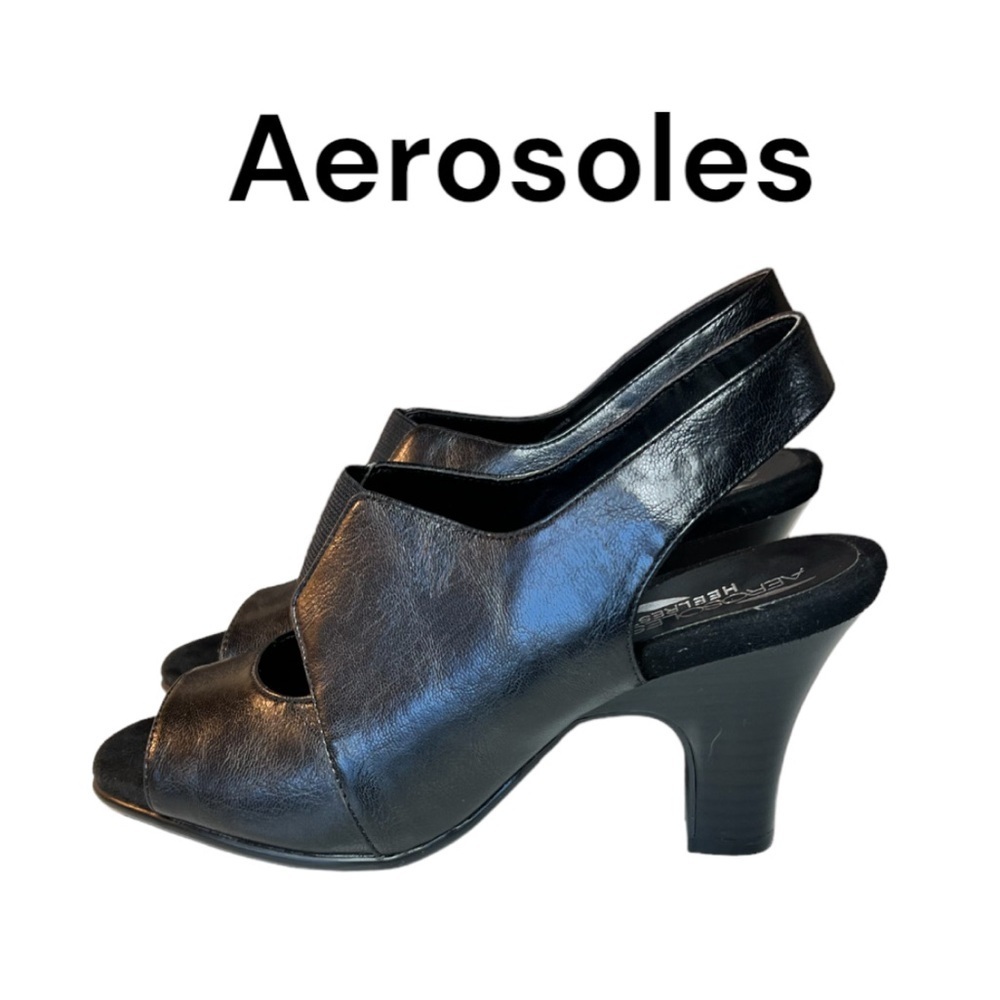 Aerosoles Heel Rest Slingback Black Faux Leather Peep Toe Block Heels Size 8